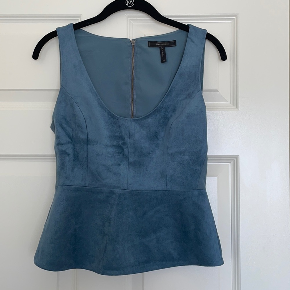 BCBGMaxAzria Blue Suede Peplum Top